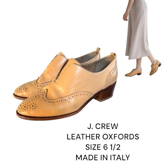J CREW BEIGE LEATHER OXFORDS SIZE 6.5 MADE IN ITALY - Picture 1 of 5
